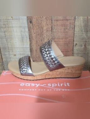 Easy Spirit Silver Metallic Two-Band Cork Wedge Slide